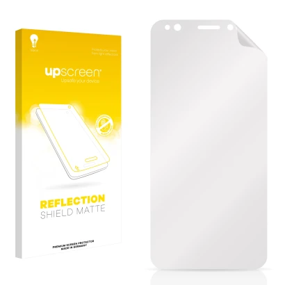 Parte frontal de un envase de producto con el logotipo de la marca upscreen. Al lado está el protector de pantalla correspondi
