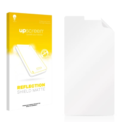 Parte frontal de un envase de producto con el logotipo de la marca upscreen. Al lado está el protector de pantalla correspondi