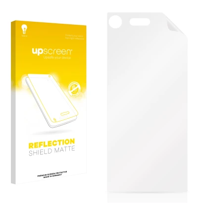 Parte frontal de un envase de producto con el logotipo de la marca upscreen. Al lado está el protector de pantalla correspondi