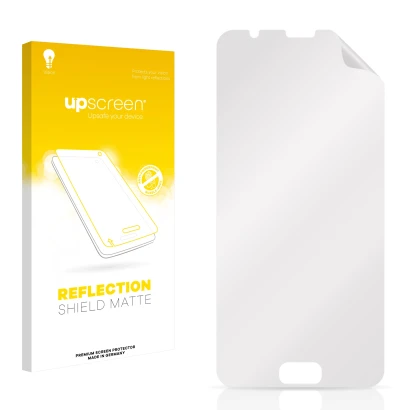 Parte frontal de un envase de producto con el logotipo de la marca upscreen. Al lado está el protector de pantalla correspondi