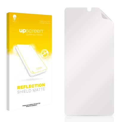 Parte frontal de un envase de producto con el logotipo de la marca upscreen. Al lado está el protector de pantalla correspondi