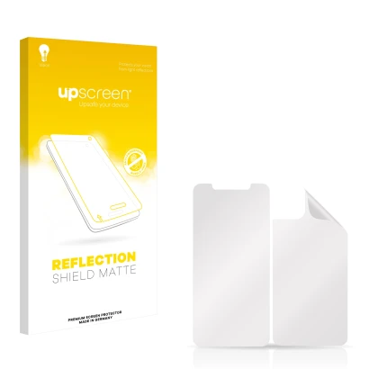 Parte frontal de un envase de producto con el logotipo de la marca upscreen. Al lado está el protector de pantalla correspondi