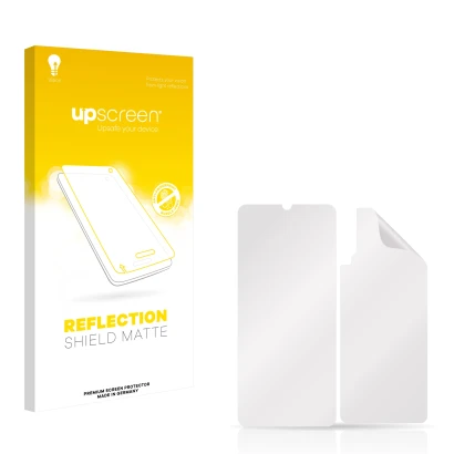 Parte frontal de un envase de producto con el logotipo de la marca upscreen. Al lado está el protector de pantalla correspondi