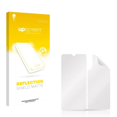 Parte frontal de un envase de producto con el logotipo de la marca upscreen. Al lado está el protector de pantalla correspondi