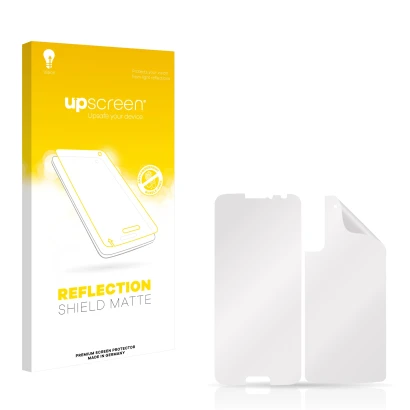 Parte frontal de un envase de producto con el logotipo de la marca upscreen. Al lado está el protector de pantalla correspondi