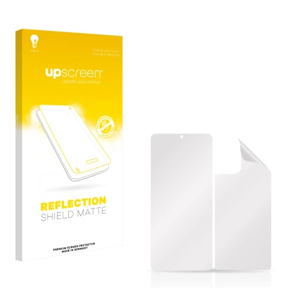 Parte frontal de un envase de producto con el logotipo de la marca upscreen. Al lado está el protector de pantalla correspondi
