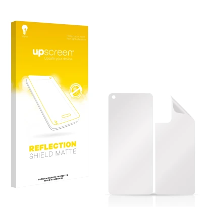 Parte frontal de un envase de producto con el logotipo de la marca upscreen. Al lado está el protector de pantalla correspondi