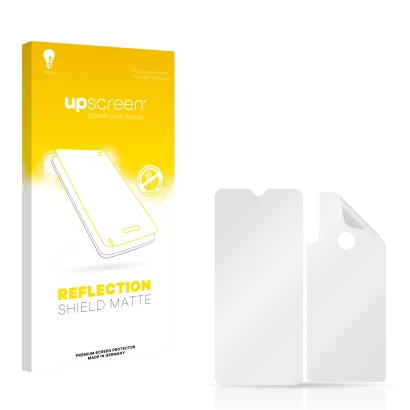 Parte frontal de un envase de producto con el logotipo de la marca upscreen. Al lado está el protector de pantalla correspondi