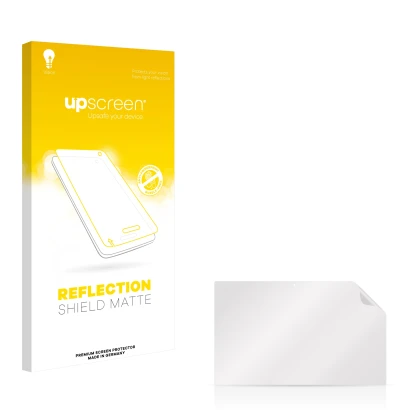 Parte frontal de un envase de producto con el logotipo de la marca upscreen. Al lado está el protector de pantalla correspondi