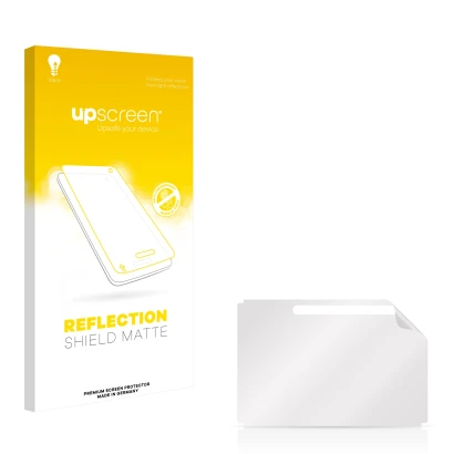 Parte frontal de un envase de producto con el logotipo de la marca upscreen. Al lado está el protector de pantalla correspondi