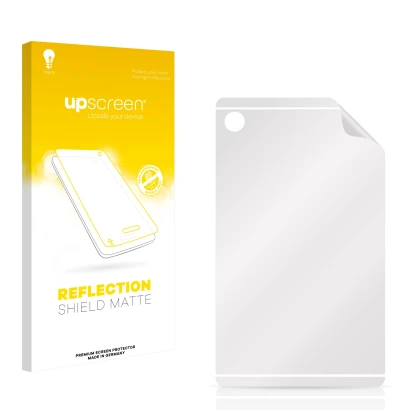 Parte frontal de un envase de producto con el logotipo de la marca upscreen. Al lado está el protector de pantalla correspondi