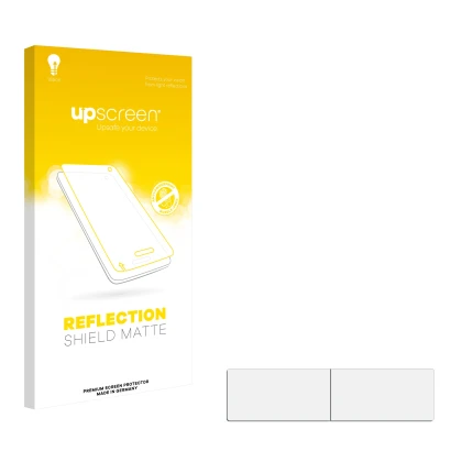 Parte frontal de un envase de producto con el logotipo de la marca upscreen. Al lado está el protector de pantalla correspondi