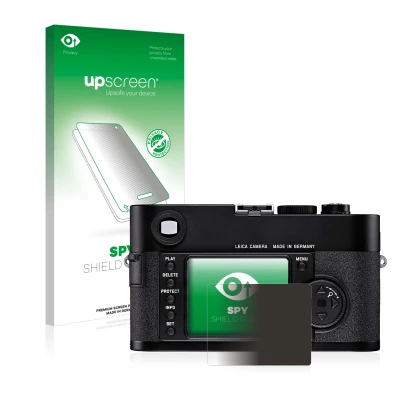 Parte frontal de un envase de producto con el logotipo de la marca upscreen. Al lado se muestra el dispositivo Leica M8 con su