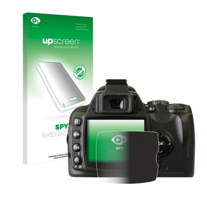 Parte frontal de un envase de producto con el logotipo de la marca upscreen. Al lado se muestra el dispositivo Nikon D40x con