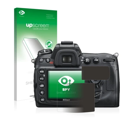 Parte frontal de un envase de producto con el logotipo de la marca upscreen. Al lado se muestra el dispositivo Nikon D300S con