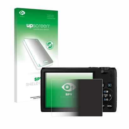 Parte frontal de un envase de producto con el logotipo de la marca upscreen. Al lado se muestra el dispositivo Canon PowerShot