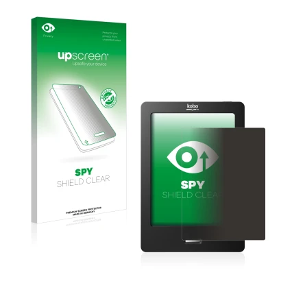 Parte frontal de un envase de producto con el logotipo de la marca upscreen. Al lado se muestra el dispositivo Kobo eReader To