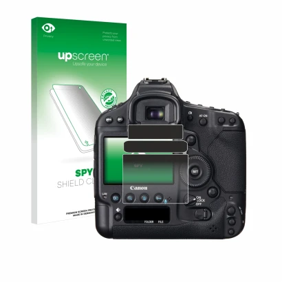 Parte frontal de un envase de producto con el logotipo de la marca upscreen. Al lado se muestra el dispositivo Canon EOS 1D X