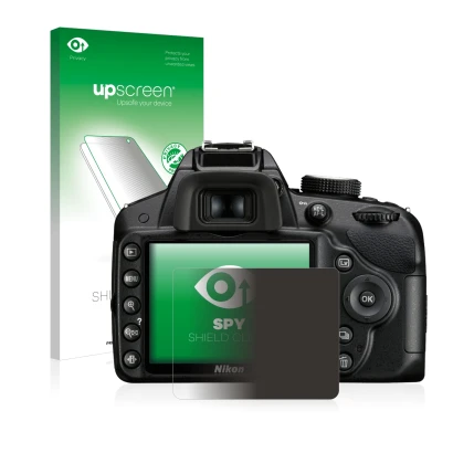 Parte frontal de un envase de producto con el logotipo de la marca upscreen. Al lado se muestra el dispositivo Nikon D3200 con