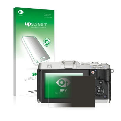 Parte frontal de un envase de producto con el logotipo de la marca upscreen. Al lado se muestra el dispositivo Olympus PEN E-P
