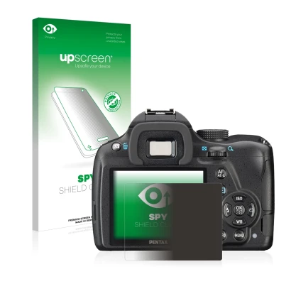 Parte frontal de un envase de producto con el logotipo de la marca upscreen. Al lado se muestra el dispositivo Pentax K-50 con