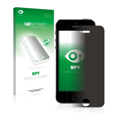 Parte frontal de un envase de producto con el logotipo de la marca upscreen. Al lado se muestra el dispositivo Apple iPhone 5S