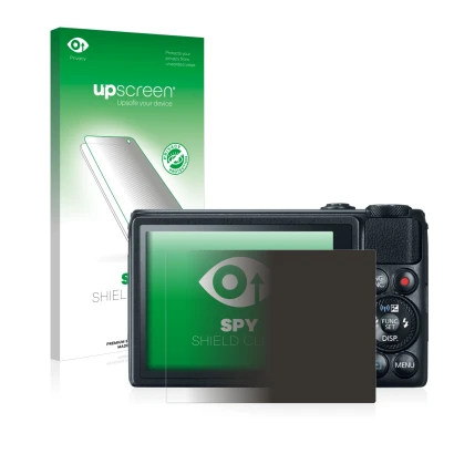 Parte frontal de un envase de producto con el logotipo de la marca upscreen. Al lado se muestra el dispositivo Canon PowerShot
