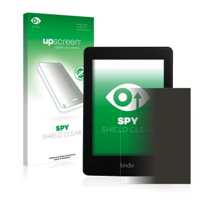 Parte frontal de un envase de producto con el logotipo de la marca upscreen. Al lado se muestra el dispositivo Amazon Kindle P