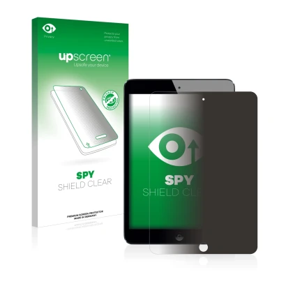 Parte frontal de un envase de producto con el logotipo de la marca upscreen. Al lado se muestra el dispositivo Apple iPad Mini