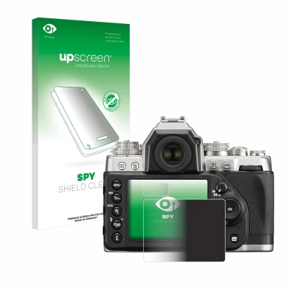 Parte frontal de un envase de producto con el logotipo de la marca upscreen. Al lado se muestra el dispositivo Nikon Df con su