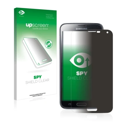 Parte frontal de un envase de producto con el logotipo de la marca upscreen. Al lado se muestra el dispositivo Samsung Galaxy 