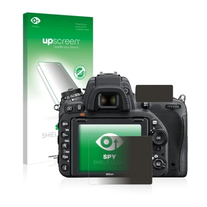 Parte frontal de un envase de producto con el logotipo de la marca upscreen. Al lado se muestra el dispositivo Nikon D750 con