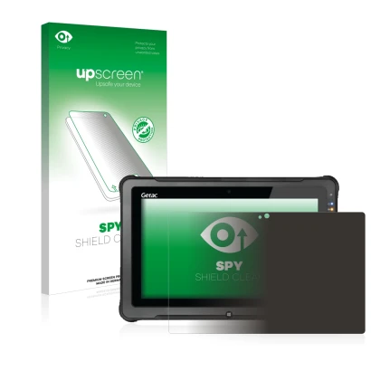 Parte frontal de un envase de producto con el logotipo de la marca upscreen. Al lado se muestra el dispositivo Getac F110 G5 c