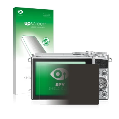 Parte frontal de un envase de producto con el logotipo de la marca upscreen. Al lado se muestra el dispositivo Nikon 1 J5 con 