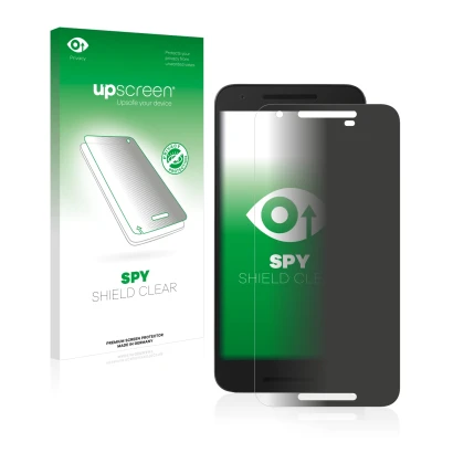 Parte frontal de un envase de producto con el logotipo de la marca upscreen. Al lado se muestra el dispositivo Google Nexus 5X