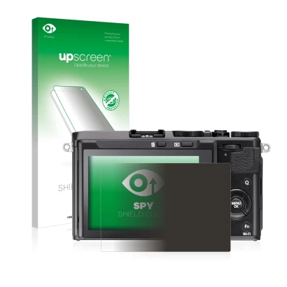 Parte frontal de un envase de producto con el logotipo de la marca upscreen. Al lado se muestra el dispositivo Fujifilm FinePi