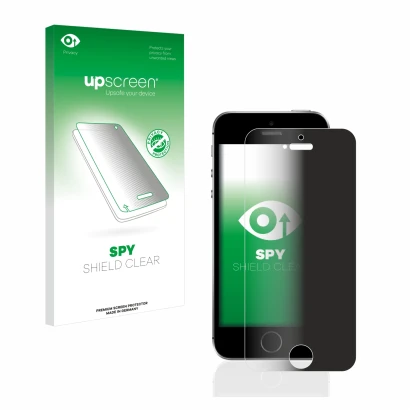 Parte frontal de un envase de producto con el logotipo de la marca upscreen. Al lado se muestra el dispositivo Apple iPhone SE