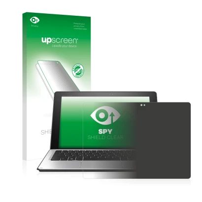 Parte frontal de un envase de producto con el logotipo de la marca upscreen. Al lado se muestra el dispositivo HP Elite x2 101