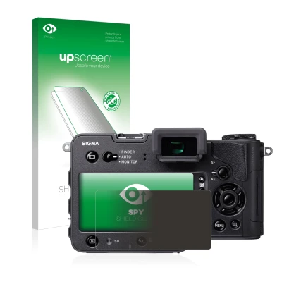 Parte frontal de un envase de producto con el logotipo de la marca upscreen. Al lado se muestra el dispositivo Sigma SD Quattr