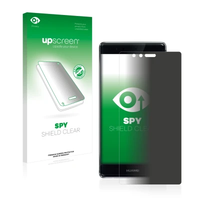 Parte frontal de un envase de producto con el logotipo de la marca upscreen. Al lado se muestra el dispositivo Huawei P9 Plus