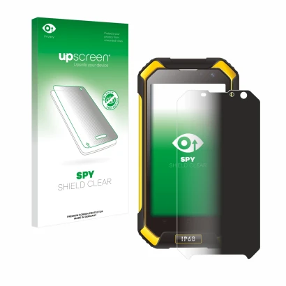 Parte frontal de un envase de producto con el logotipo de la marca upscreen. Al lado se muestra el dispositivo Blackview BV600