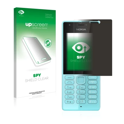 Parte frontal de un envase de producto con el logotipo de la marca upscreen. Al lado se muestra el dispositivo Nokia 216 con s
