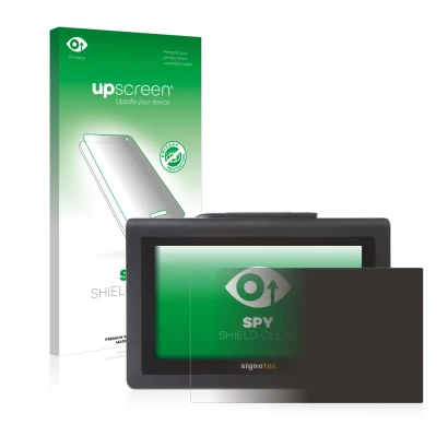 Parte frontal de un envase de producto con el logotipo de la marca upscreen. Al lado se muestra el dispositivo Signotec Signat