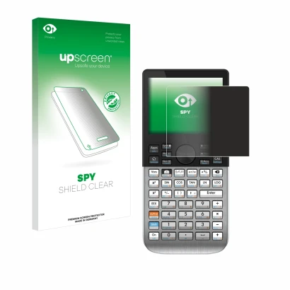 Parte frontal de un envase de producto con el logotipo de la marca upscreen. Al lado se muestra el dispositivo HP Prime con su
