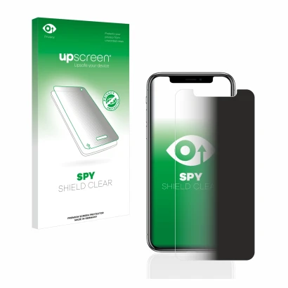 Parte frontal de un envase de producto con el logotipo de la marca upscreen. Al lado se muestra el dispositivo Apple iPhone X