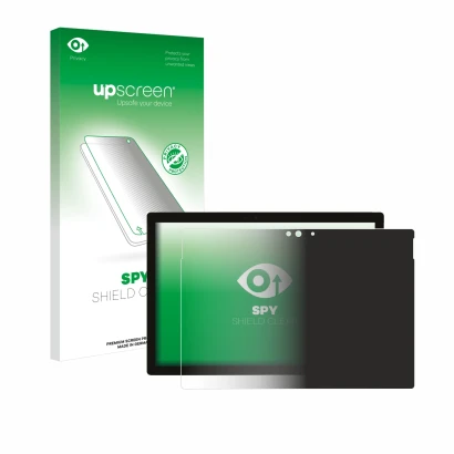Parte frontal de un envase de producto con el logotipo de la marca upscreen. Al lado se muestra el dispositivo Microsoft Surfa