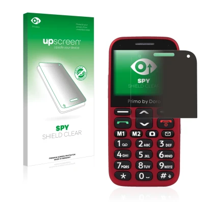 Parte frontal de un envase de producto con el logotipo de la marca upscreen. Al lado se muestra el dispositivo Doro Primo 366