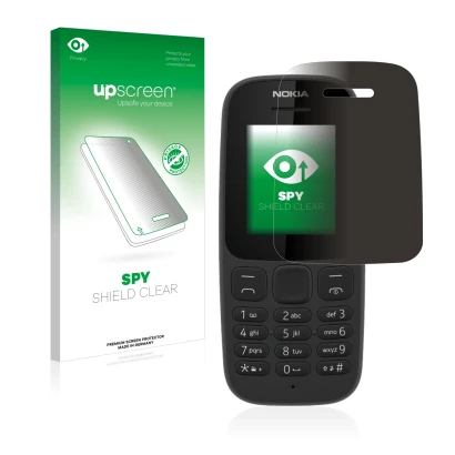 Parte frontal de un envase de producto con el logotipo de la marca upscreen. Al lado se muestra el dispositivo Nokia 105 2017
