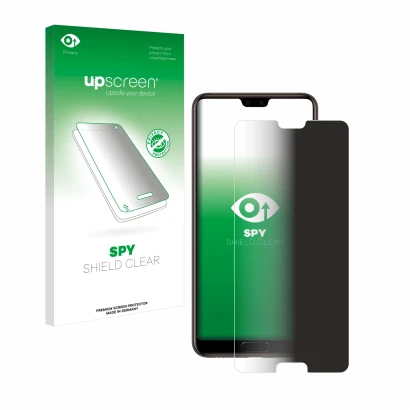 Parte frontal de un envase de producto con el logotipo de la marca upscreen. Al lado se muestra el dispositivo Huawei P20 con 