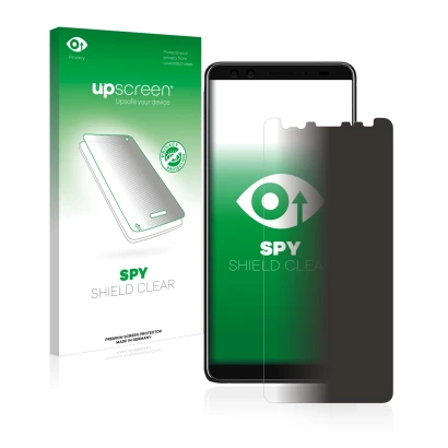 Parte frontal de un envase de producto con el logotipo de la marca upscreen. Al lado se muestra el dispositivo HTC U12 Plus co